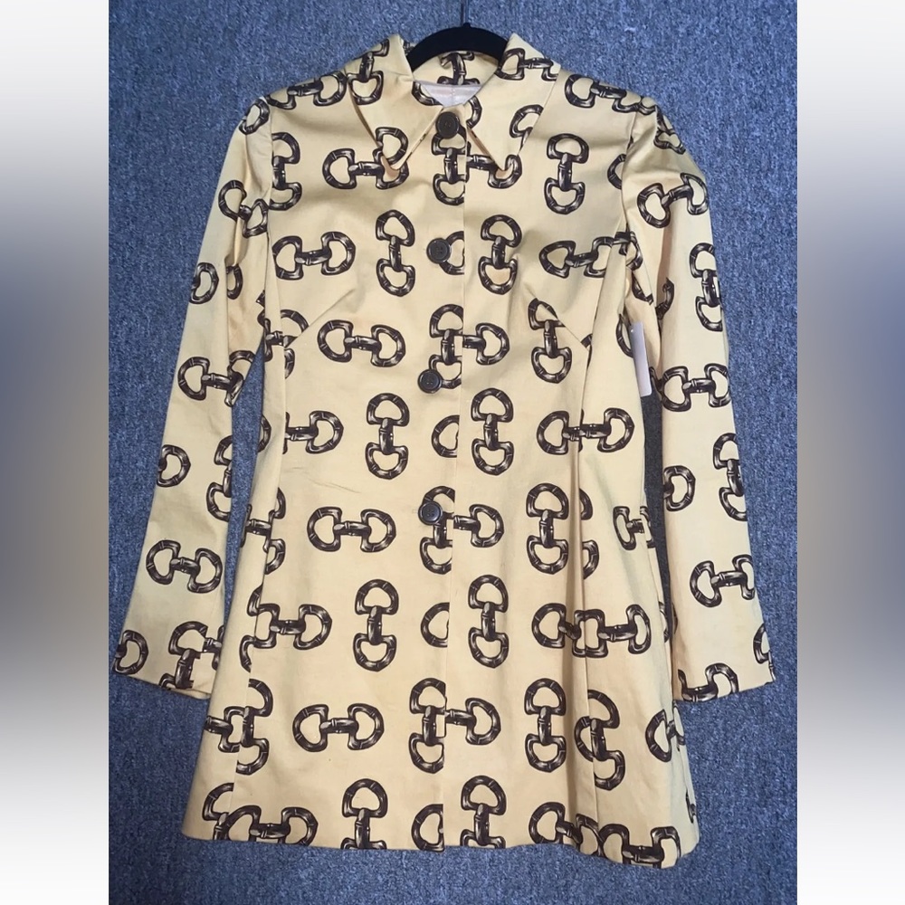 Skirtin Around Yellow & Brown Printed Pea Coat horse bits * rare